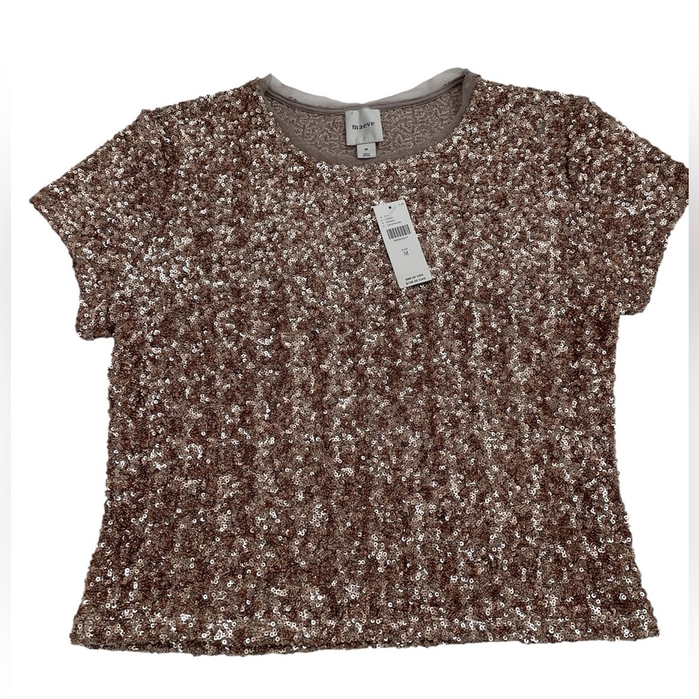Anthropologie Maeve Champagne Sequin Short Sleeve Top
